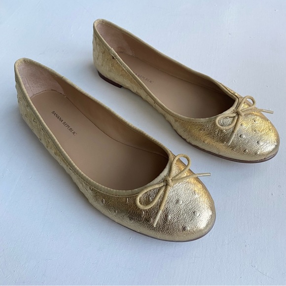 Banana Republic Golden Ostrich Leather Bow Ballet Flats - Picture 2 of 8
